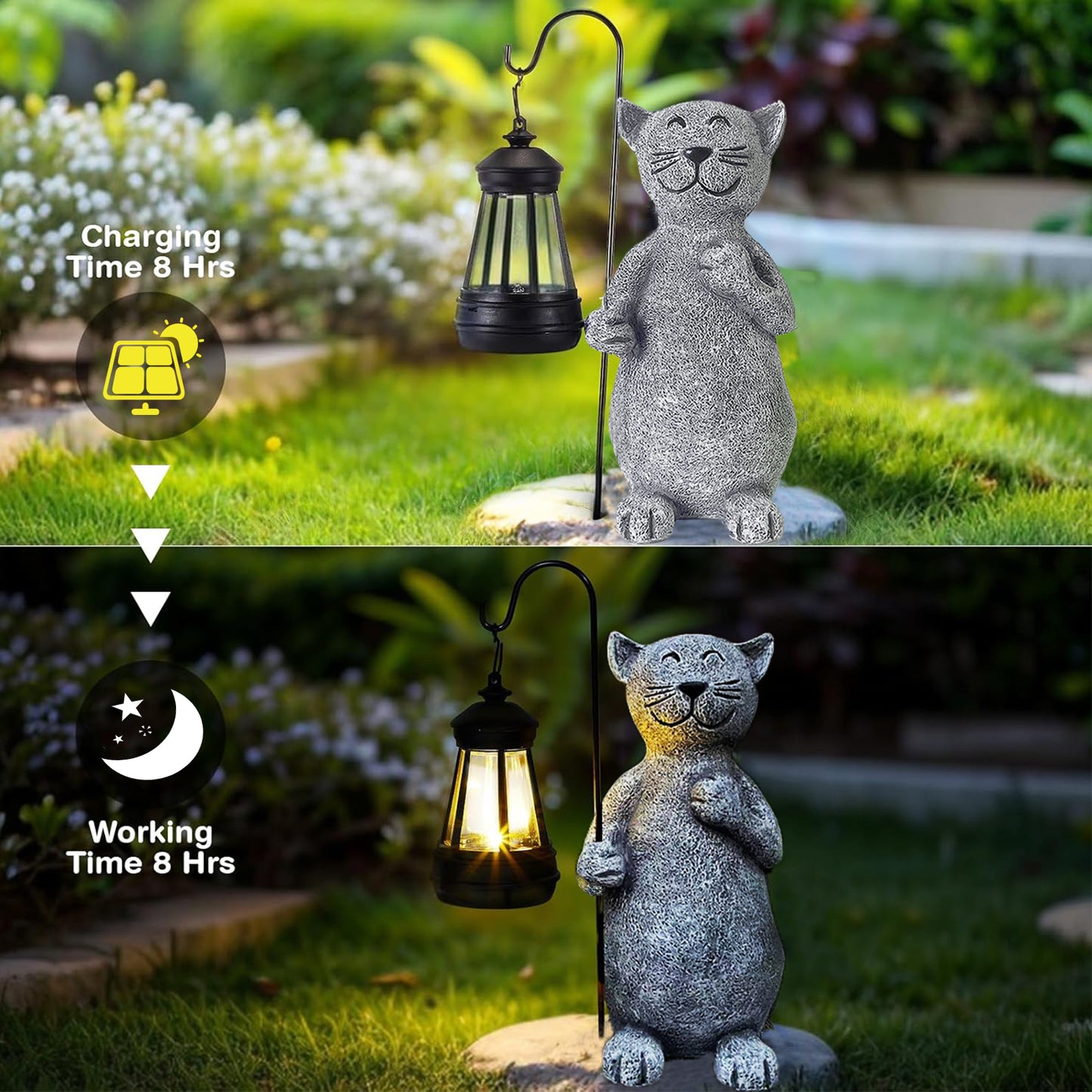 Garden Cat statue made of resin with solar lamp