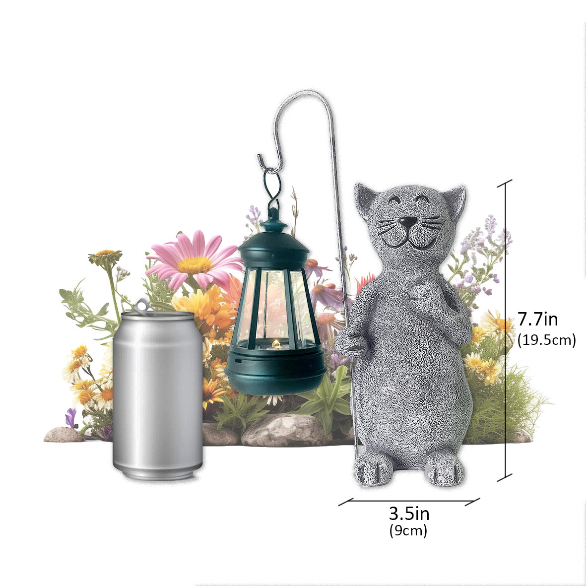 Garden Cat statue made of resin with solar lamp