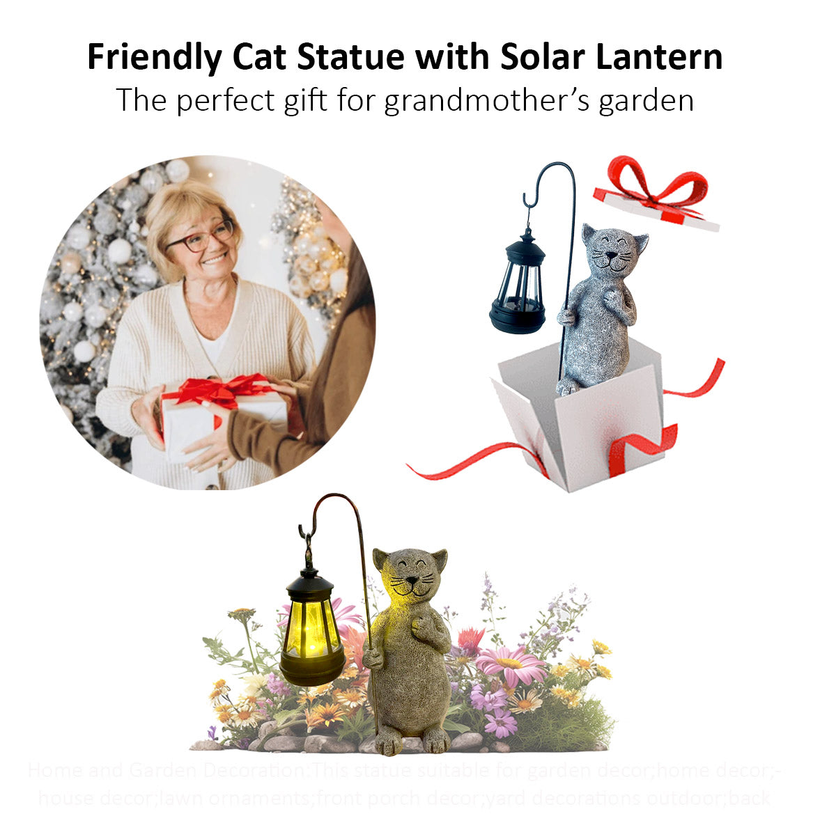 Garden Cat statue made of resin with solar lamp